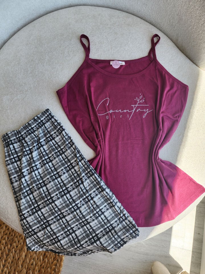Rustik Bliss Bordo Penye Büyük Beden Pijama Takımı - Şortlu-Askılı