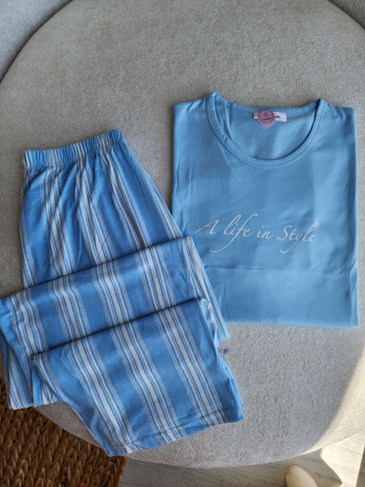 Baby Blue Stripe Penye Büyük Beden Pijama Takımı - Kısa Kollu