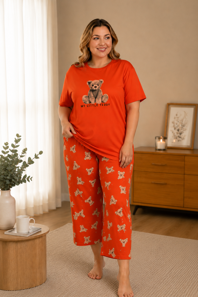 Little Teddy Büyük Beden Pijama Takımı-Kapri Kısa Kollu