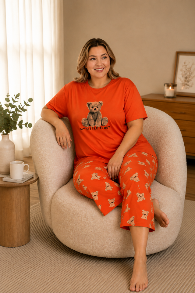 Little Teddy Büyük Beden Pijama Takımı-Kapri Kısa Kollu