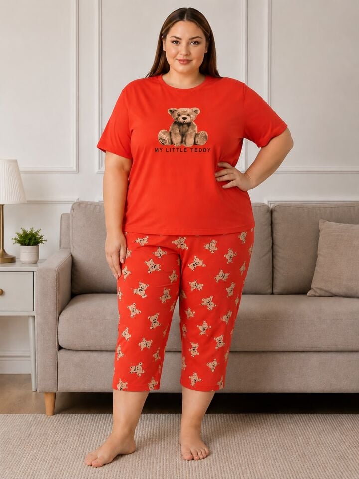 Little Teddy Büyük Beden Pijama Takımı-Kapri Kısa Kollu
