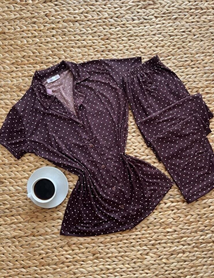 Milan Kahve Puanlı Pijama Takımı - Kısa Kollu