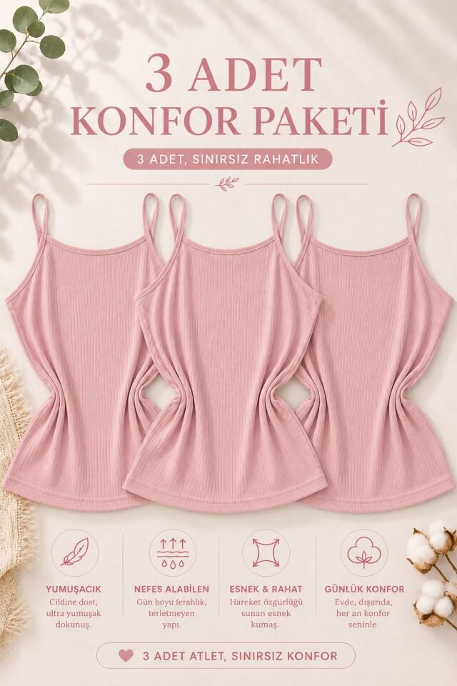 3'lü Konfor Paketi Somon Rengi Soft Touch İp Askılı Pamuk Modal Büyük Beden Atlet