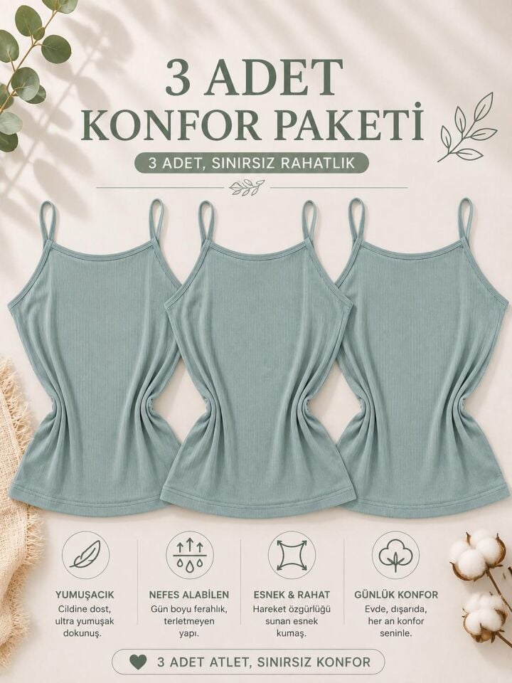 3'lü Konfor Paketi Yeşil Rengi Soft Touch İp Askılı Pamuk Modal Büyük Beden Atlet