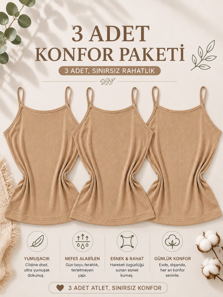 3'lü Konfor Paketi Ten Rengi Soft Touch İp Askılı Pamuk Modal Büyük Beden Atlet