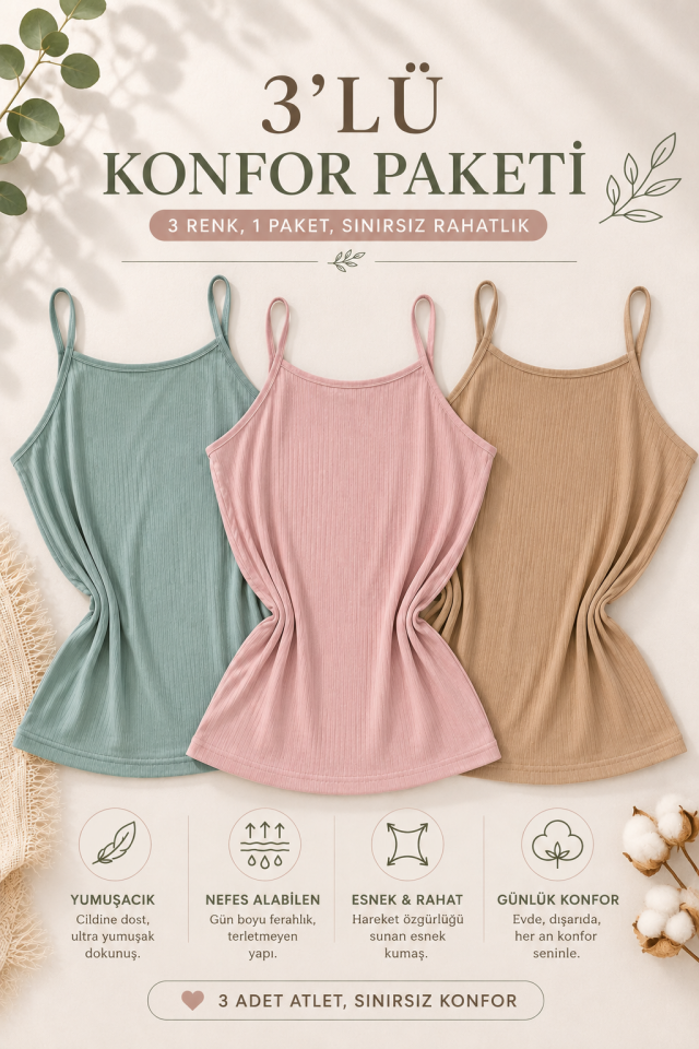 3'lü Konfor Paketi Mix Soft Touch İp Askılı Pamuk Modal Büyük Beden Atlet