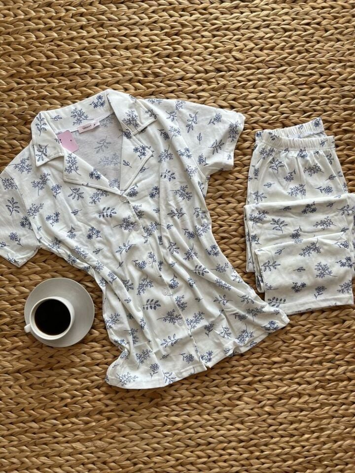 Süprem Mavi Çiçekli Pijama Takımı - Kısa Kollu
