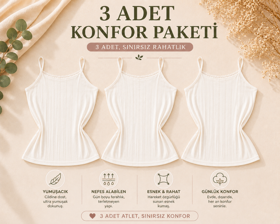 3'lü Konfor Paketi Luna Ekru İp Askılı Pamuk Büyük Beden Atlet