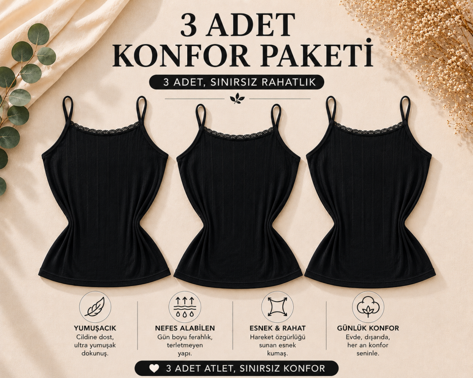 3'lü Konfor Paketi Siyah Luna İp Askılı Pamuk Büyük Beden Atlet