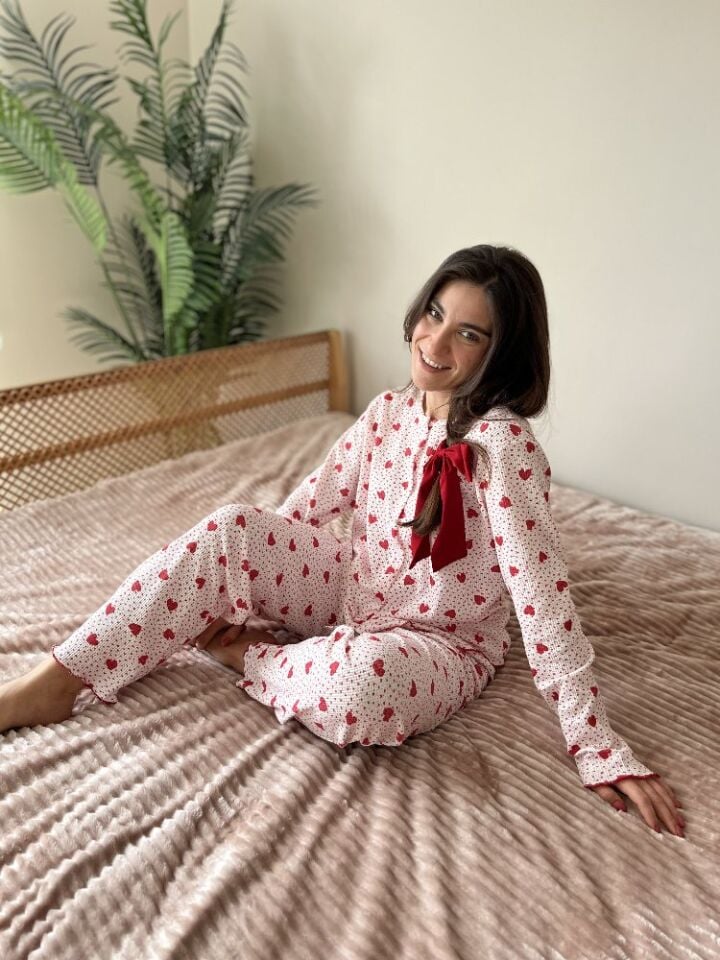 Bubble Red Love Pijama Takımı - Uzun Kollu