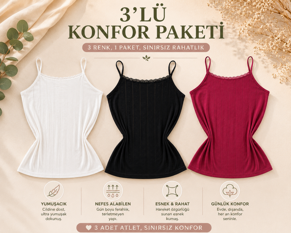 3'lü Konfor Paketi Luna Mix İp Askılı Pamuk Büyük Beden Atlet
