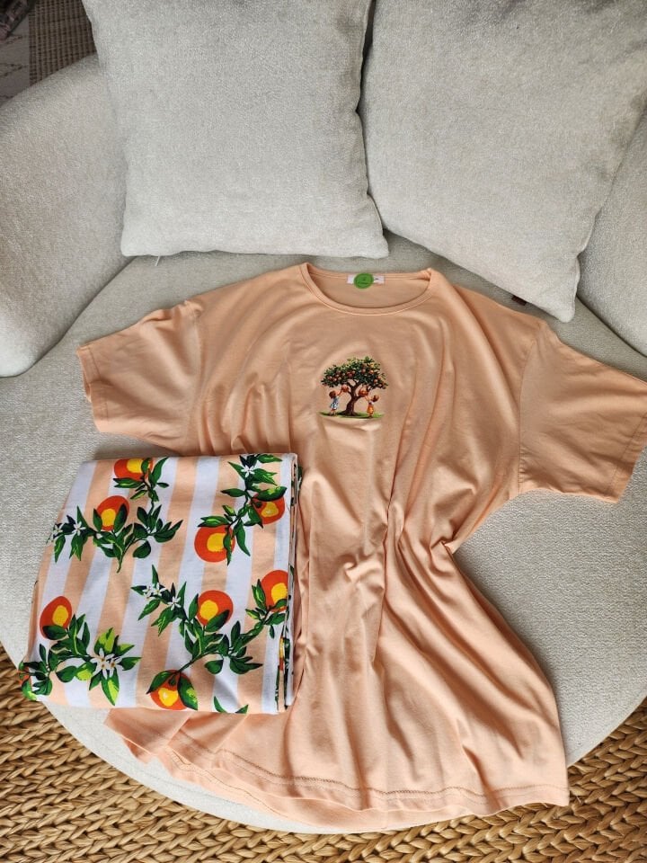Orange Penye Büyük Beden Pijama Takımı - Kısa Kollu