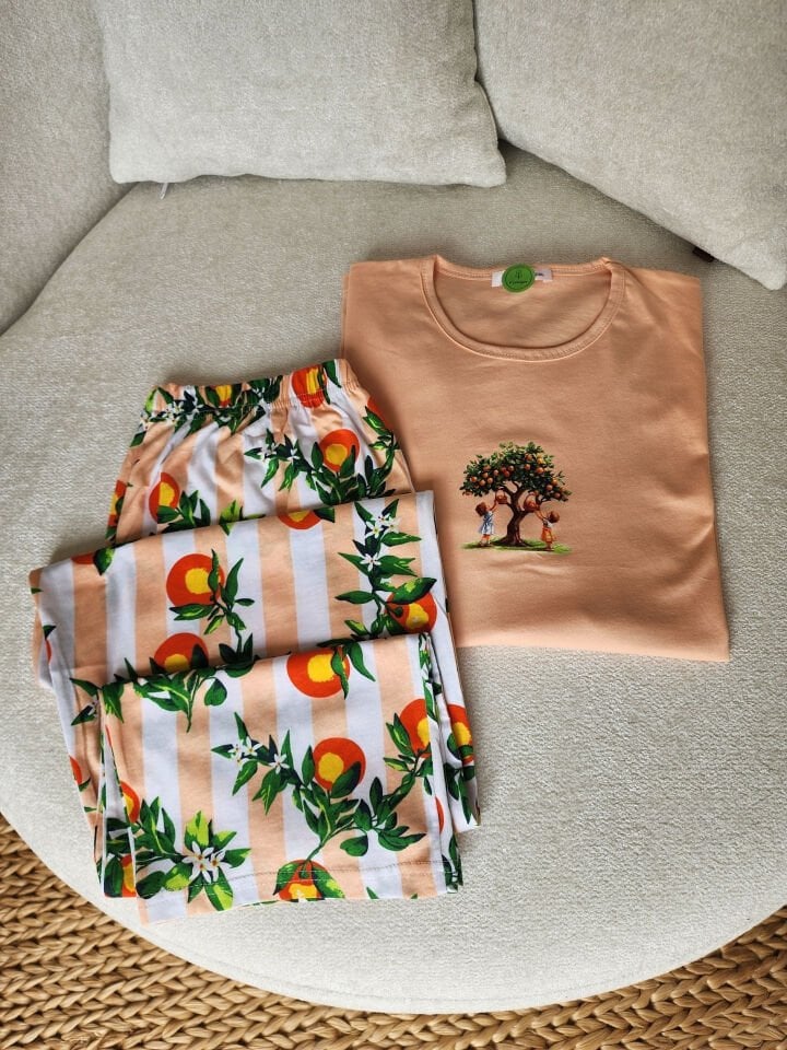 Orange Penye Büyük Beden Pijama Takımı - Kısa Kollu