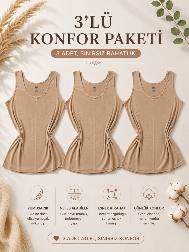 3'lü Konfor Paketi Ten Rengi Aura Geniş Askılı Pamuk Büyük Beden Atlet