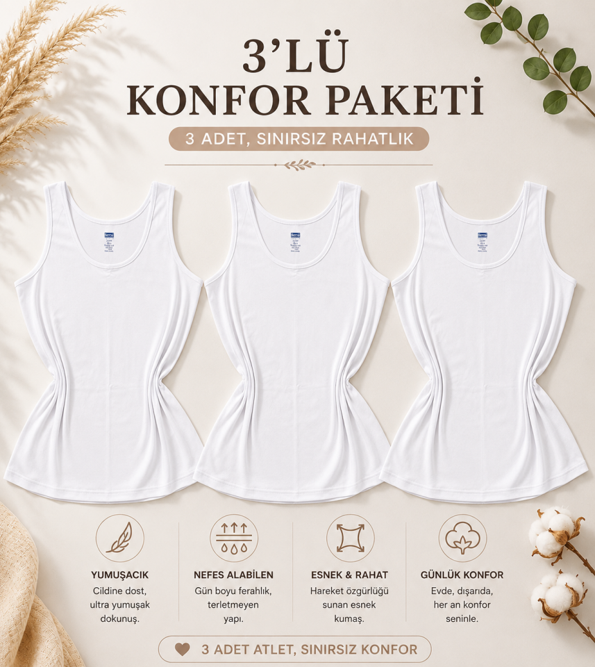 3'lü Konfor Paketi Beyaz Aura Geniş Askılı Pamuk Büyük Beden Atlet