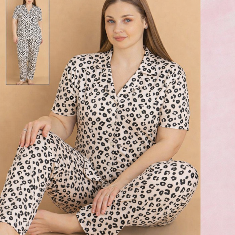 Leopar Milan Büyük Beden Pijama Takımı - Kısa Kollu