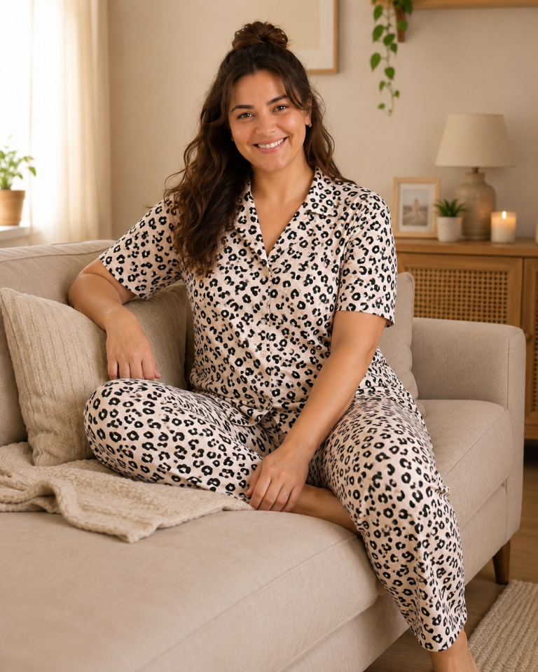 Leopar Milan Büyük Beden Pijama Takımı - Kısa Kollu