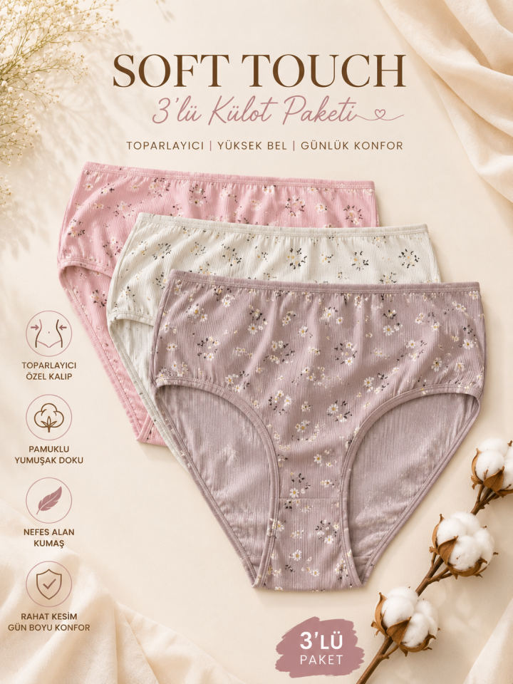 3'lü Paket Soft Touch Yüksek Bel Pamuk Büyük Beden Külot