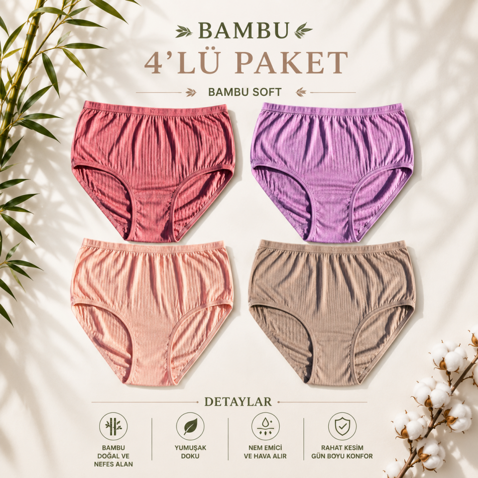 4'lü Paket Bambu Soft Yüksek Bel Büyük Beden Külot