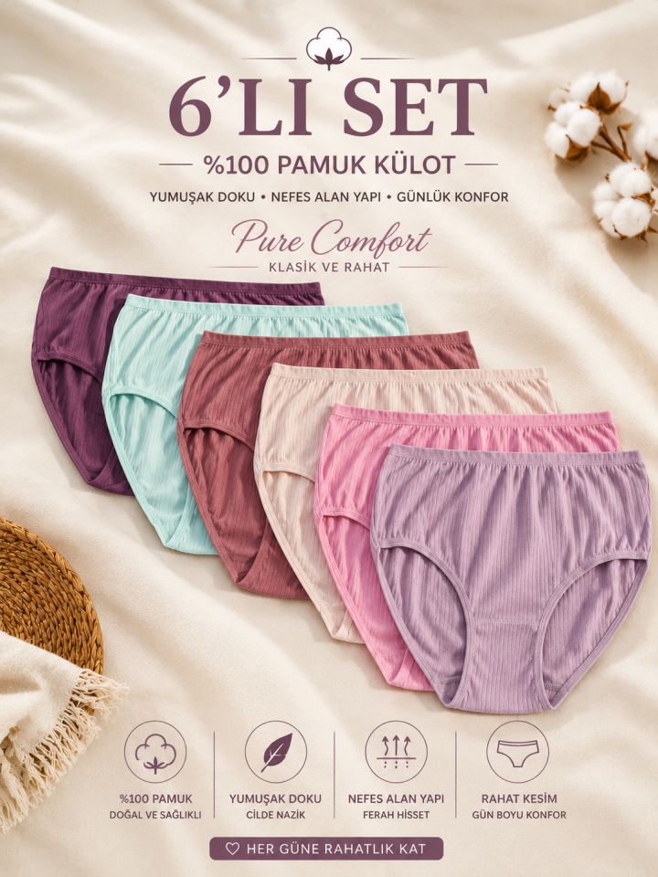 6'lı Paket Pure Comfort Pamuk Yüksek Bel Büyük Beden Külot