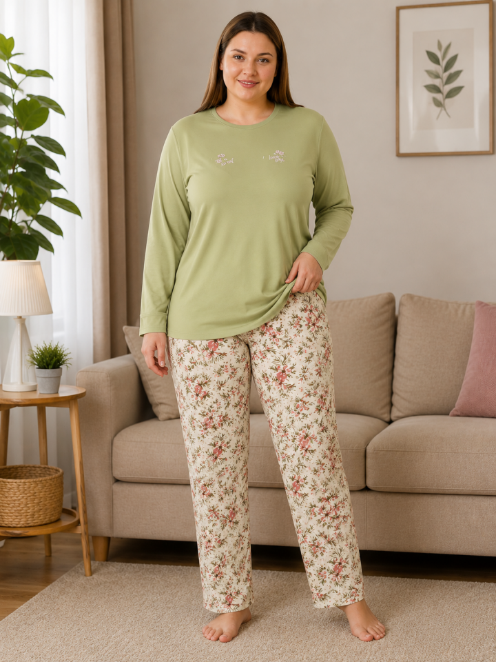 Green Harmony Büyük Beden Penye Pijama Takımı - Uzun Kollu