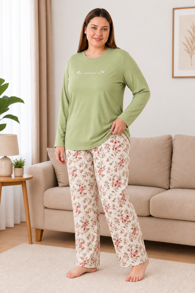 Green Harmony Büyük Beden Penye Pijama Takımı - Uzun Kollu