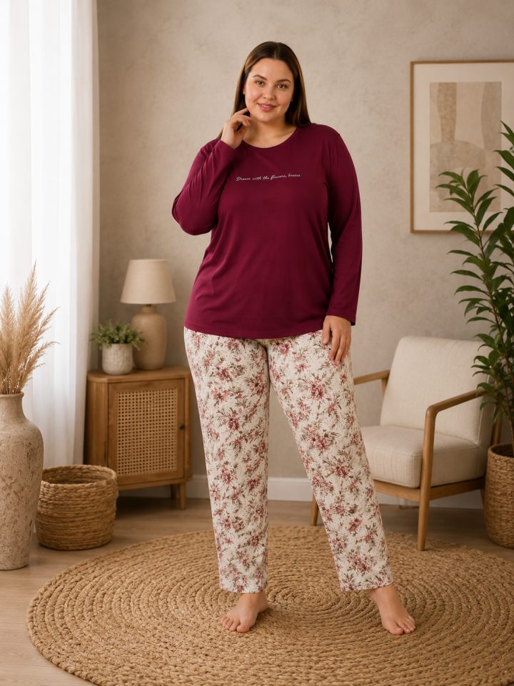 Floral Breeze Büyük Beden Penye Pijama Takımı - Uzun Kollu