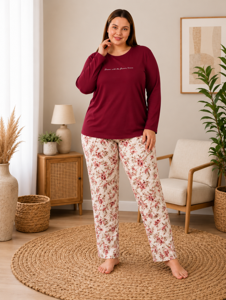 Floral Breeze Büyük Beden Penye Pijama Takımı - Uzun Kollu