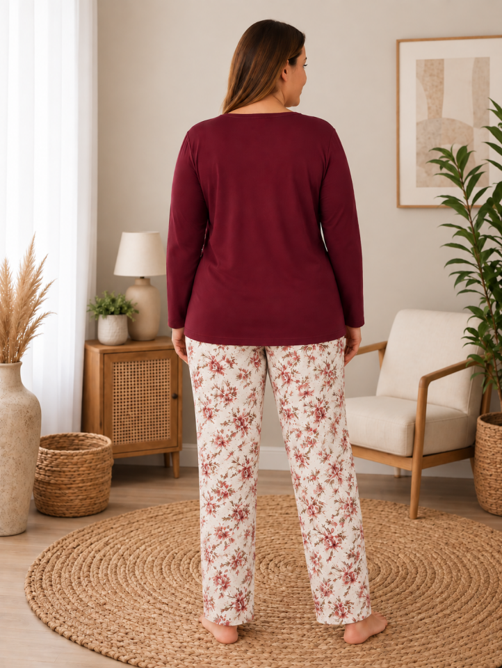 Floral Breeze Büyük Beden Penye Pijama Takımı - Uzun Kollu