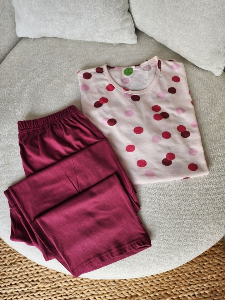 Bordo Puan Penye Büyük Beden Pijama Takımı - Kısa Kollu