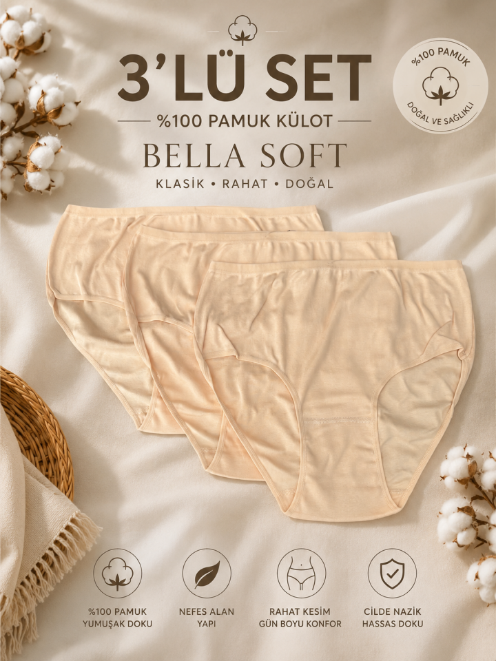 3'lü Paket Pure Comfort Yüksek Bel Pamuk Büyük Beden Külot