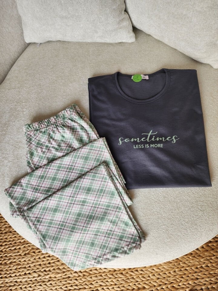 Yeşil Ekose Penye Büyük Beden Pijama Takımı - Kısa Kollu