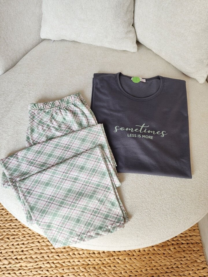 Yeşil Ekose Penye Büyük Beden Pijama Takımı - Kısa Kollu