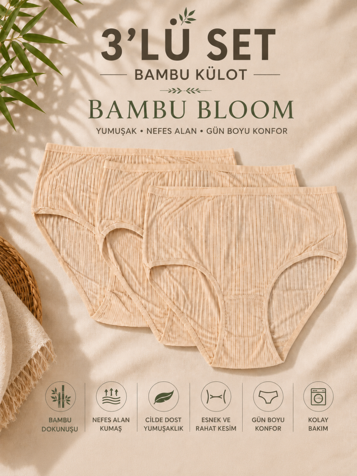 3'lü Paket Bambu Bloom Yüksek Bel Büyük Beden Külot