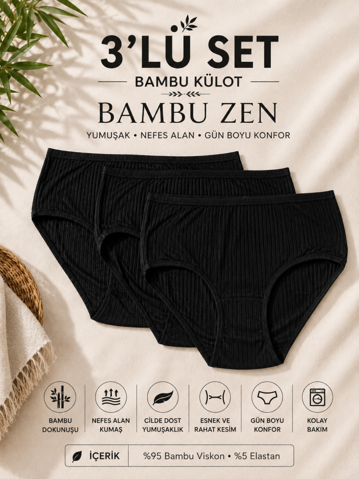 3'lü Paket Bambu Zen Siyah Yüksek Bel Büyük Beden Külot