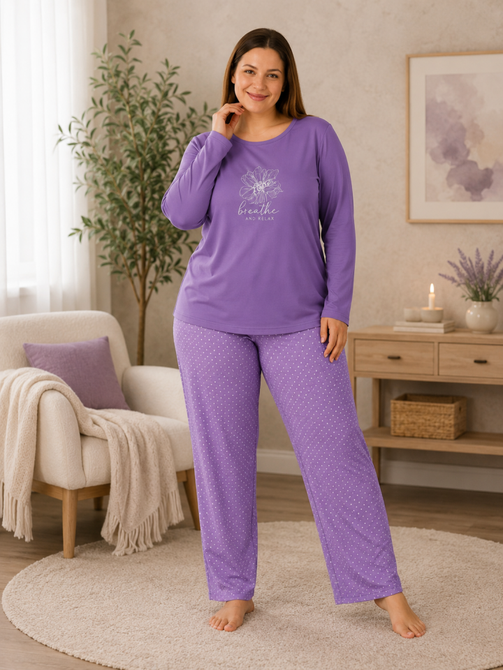 Loren Süprem Büyük Beden Penye Pijama Takımı - Uzun Kollu