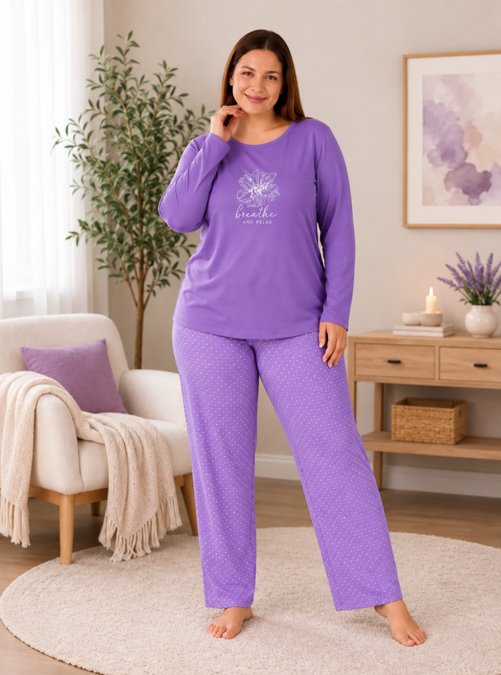 Loren Süprem Büyük Beden Penye Pijama Takımı - Uzun Kollu