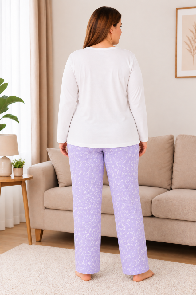 Lavender Bloom Büyük Beden Penye Pijama Takımı - Uzun Kollu