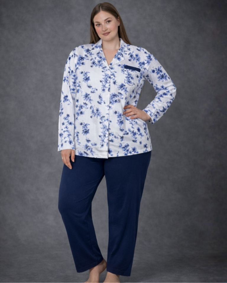 Blue Daisy %100 Pamuk Büyük Beden Pijama Takımı - Uzun Kollu