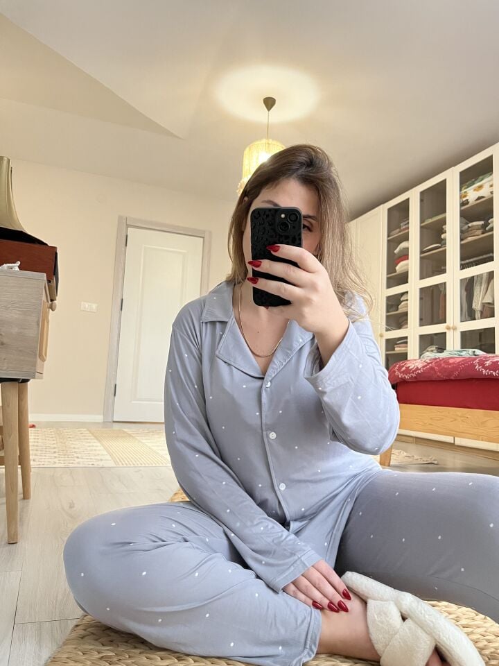 Soft Milan Gri Puan Büyük Beden Pijama Takımı - Uzun Kollu