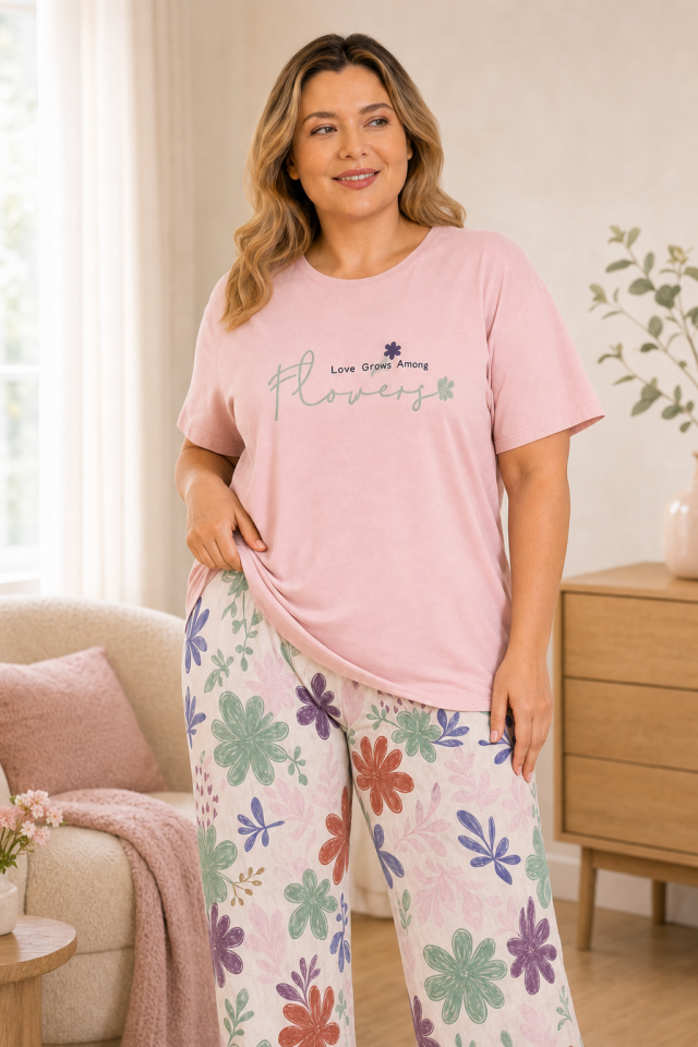 Pastel Garden Penye Büyük Beden Pijama Takımı - Kısa Kollu