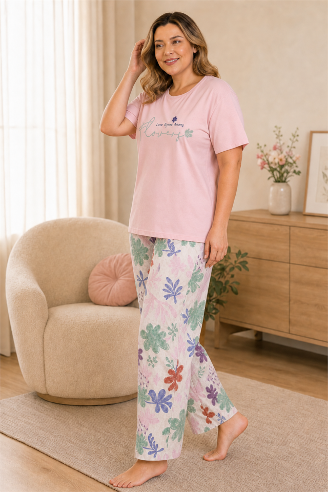 Pastel Garden Penye Büyük Beden Pijama Takımı - Kısa Kollu