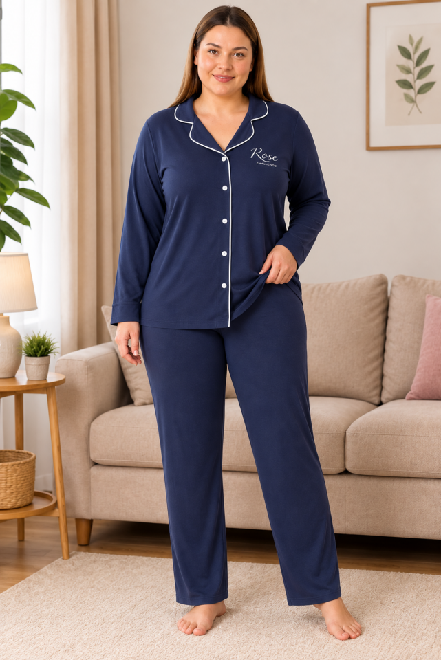 Midnight Rose Lacivert Büyük Beden Pijama Takımı - Uzun Kollu