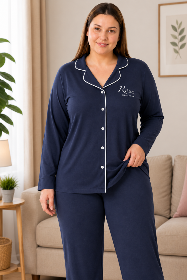 Midnight Rose Lacivert Büyük Beden Pijama Takımı - Uzun Kollu