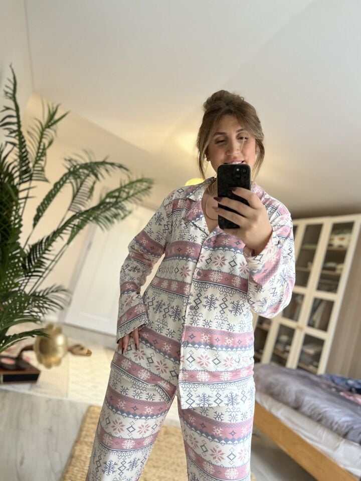 Soft Milan Snowy Pink Büyük Beden Pijama Takımı - Uzun Kollu