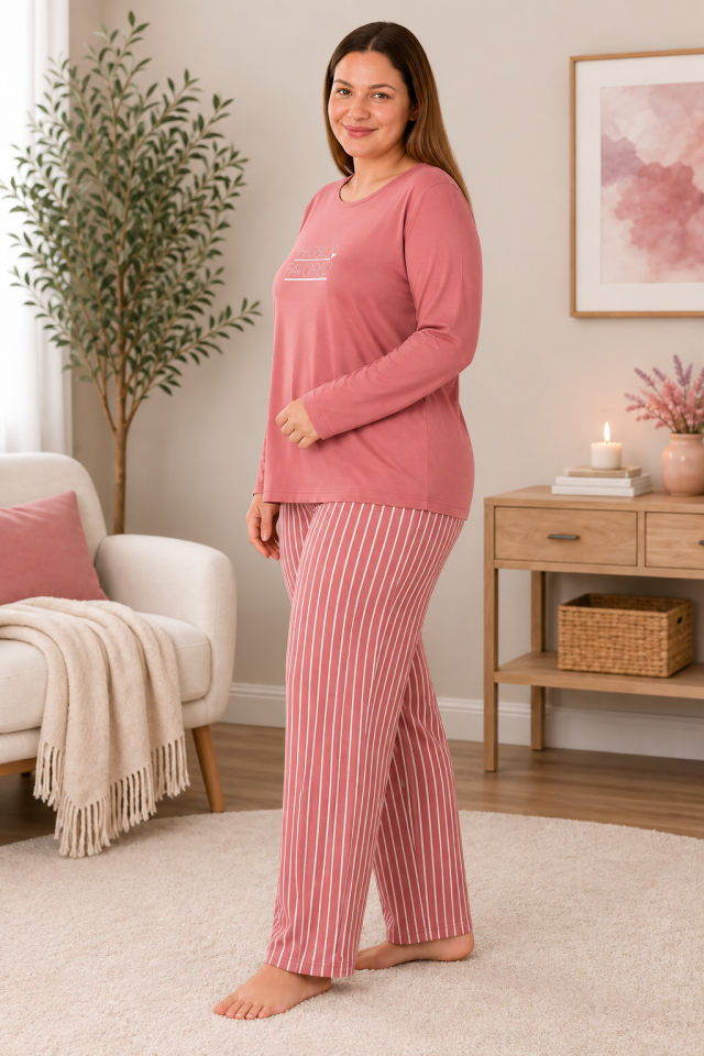 Rose Stripe Büyük Beden Penye Pijama Takımı - Uzun Kollu