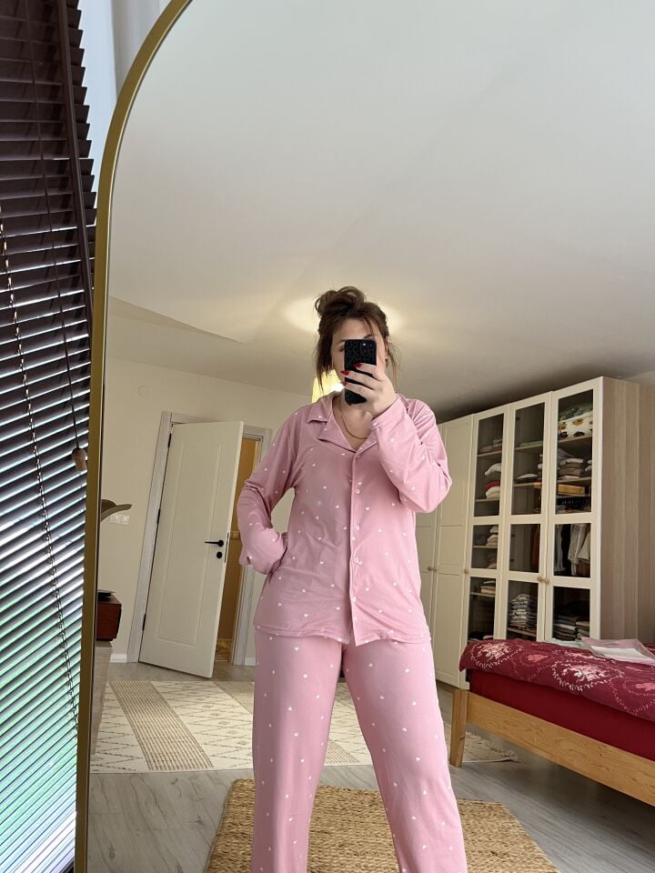 Soft Milan Pembe Kalp Büyük Beden Pijama Takımı - Uzun Kollu