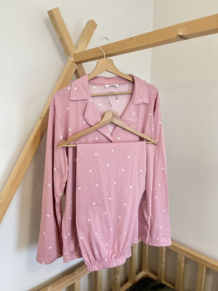 Soft Milan Pembe Kalp Büyük Beden Pijama Takımı - Uzun Kollu