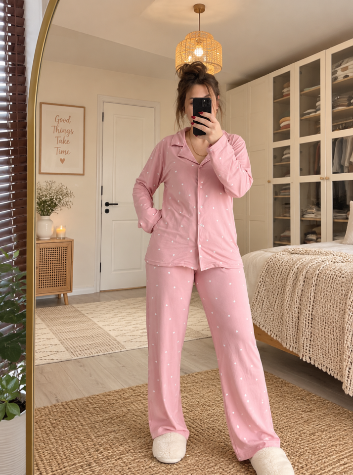 Soft Milan Pembe Kalp Büyük Beden Pijama Takımı - Uzun Kollu