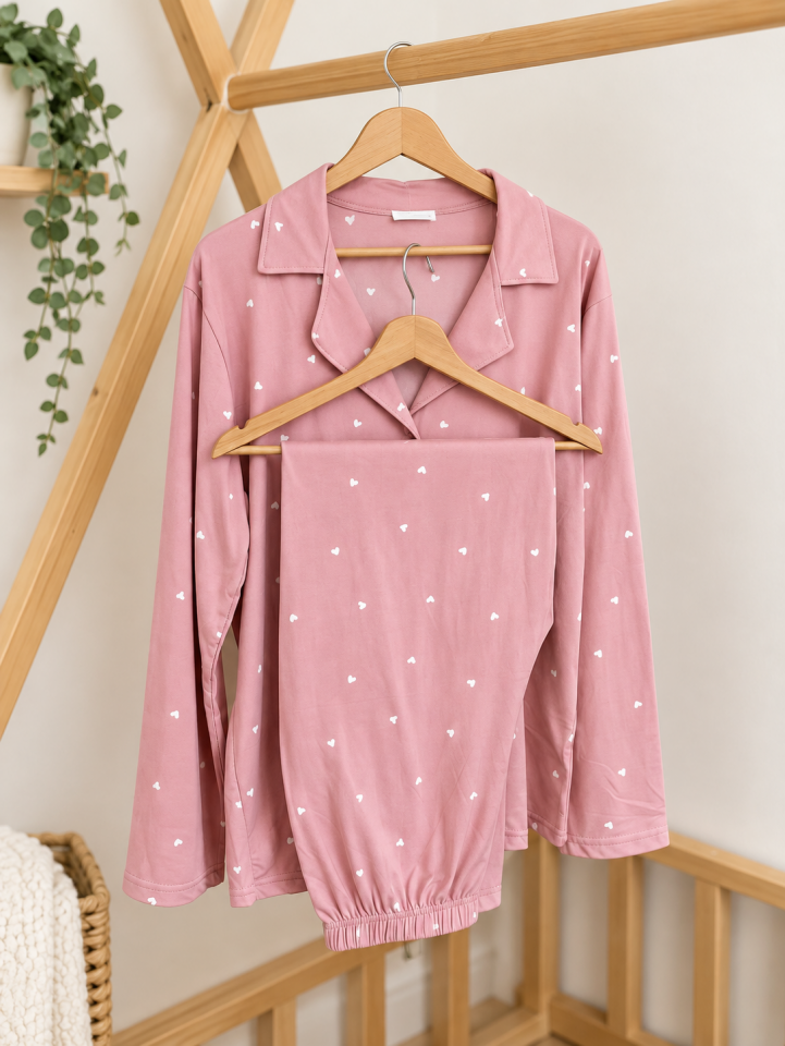 Soft Milan Pembe Kalp Büyük Beden Pijama Takımı - Uzun Kollu